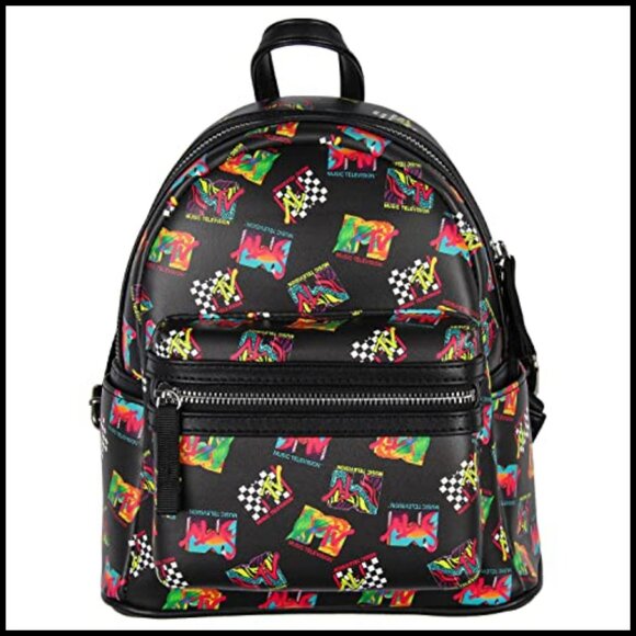 Mini Backpack Zippered Daypack Retro MTV Logo Print Polyurethane Leather Casual